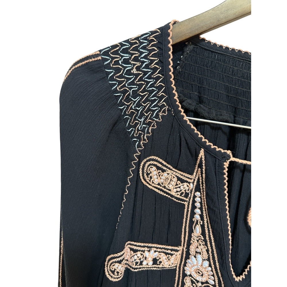 Free People Black Wind Willow Mini Dress BOHO w/Embroidery‎ Peasant Style Sz S - Picture 5 of 14